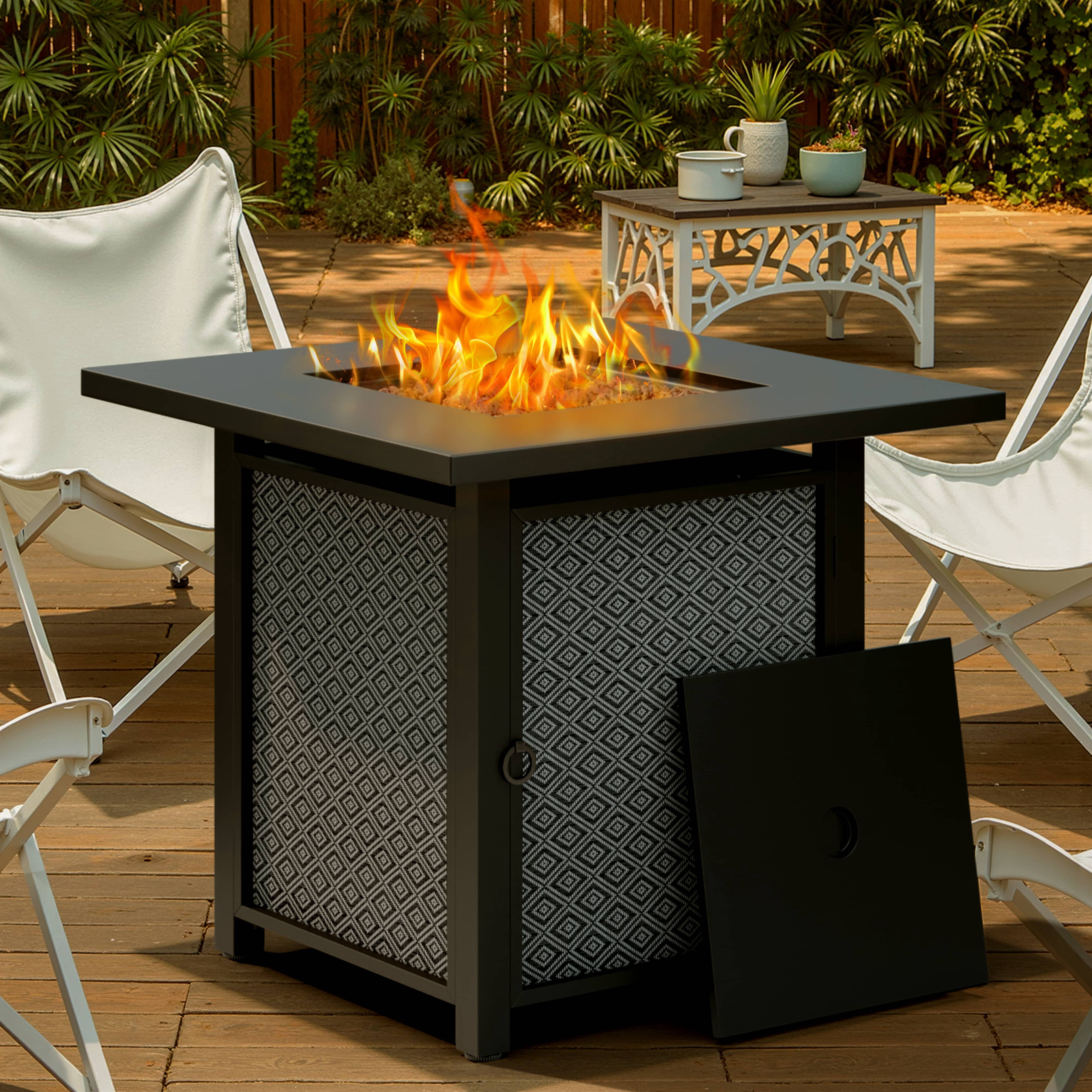 Walsunny 28" Propane Gas Fire Pit Table 50,000 BTU Square Outdoor Table with Removable Lid & Waterproof Cover