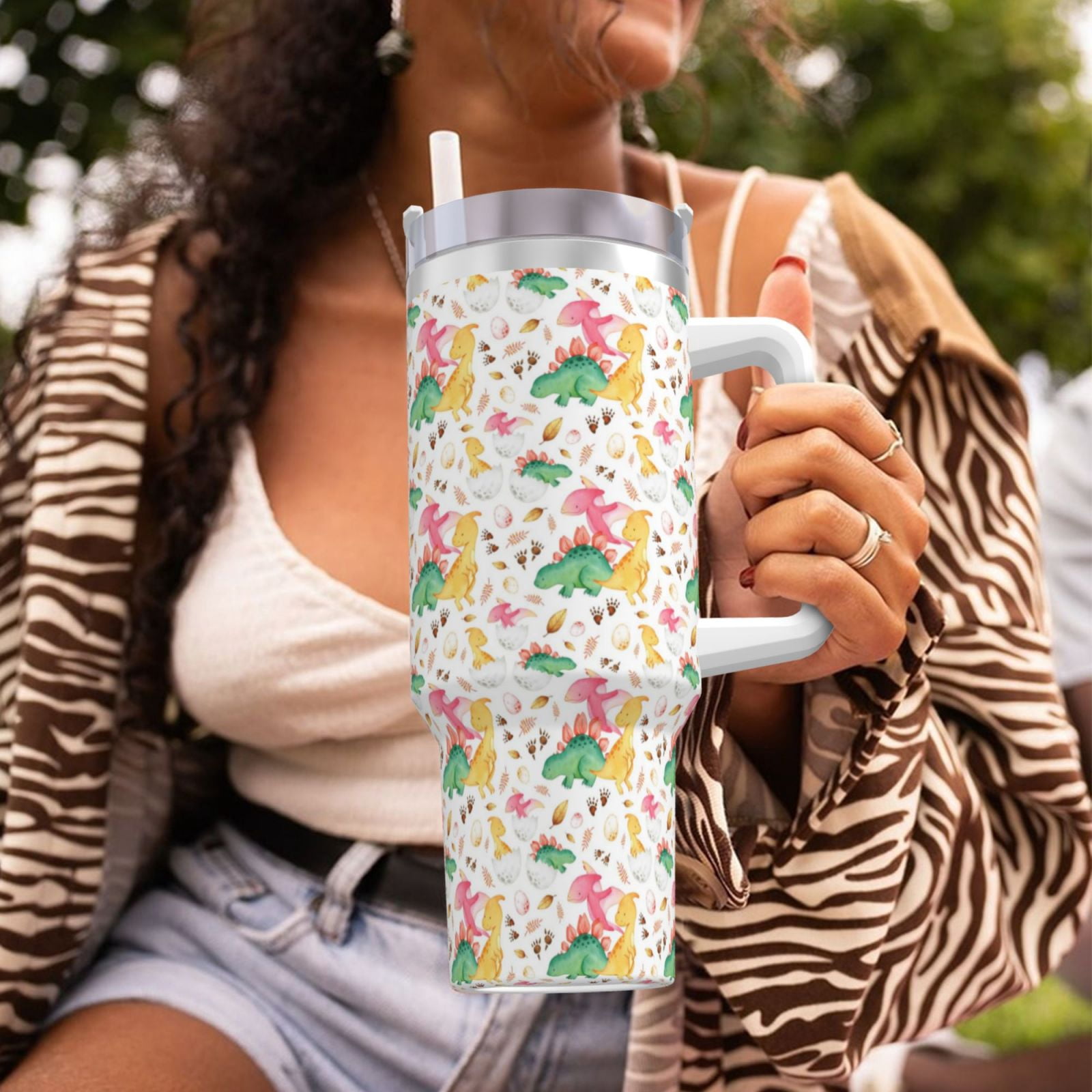 Picia Cute Baby Dinosaurs Pattern 40oz Ice Bully Insulated Tumbler with Handle, Double-Wall Stainless Steel Cup, Leak-Proof Lid and Straw