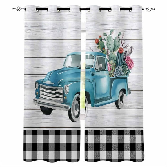 Farmhouse Wood Grain Blackout Curtains for Bedroom Living Room Darkening Curtains 84 Inch Length 2 Panels Set Modern Cactus Truck Black Plaid Window Curtain Window Treatment Grommet Drapes 42"x84"