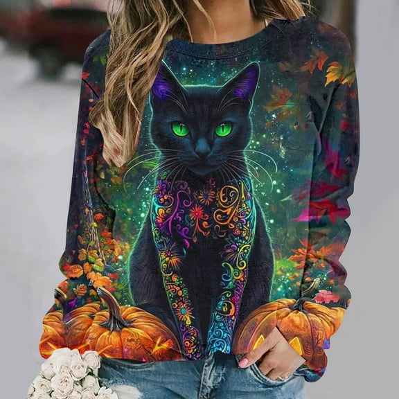 VKOYWKM Halloween Black Cat Graphic Sweatshirts Women Sweatshirt Crew Neck Long Sleeve Fall Pullover Tops Black Cat Halloween Sweater
