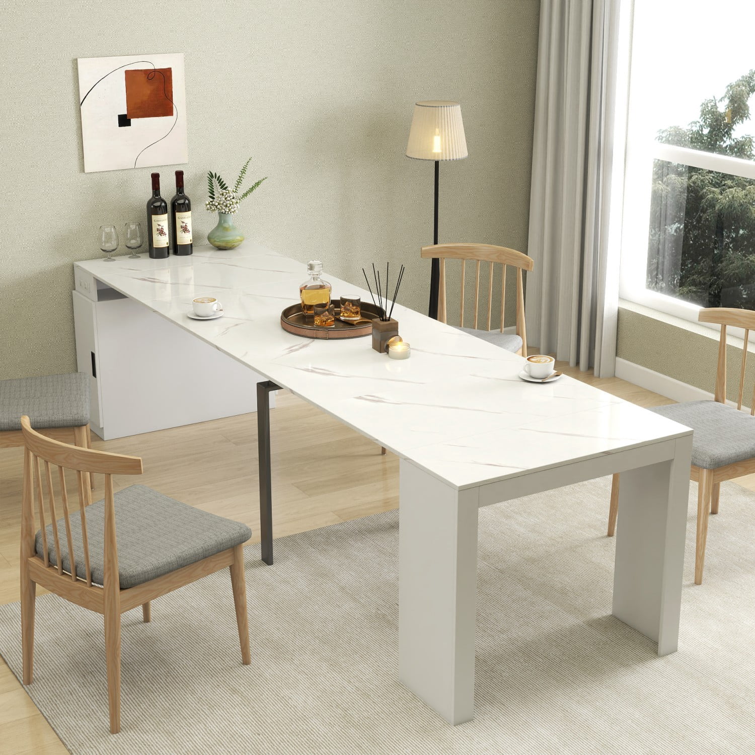 Multifunctional Extendable Console Table, 118.11" Large Expandable Dining Table with Storage Extension Design, Modern Wood Desk for Dining, Living, Home Office & Small Spaces, Cream