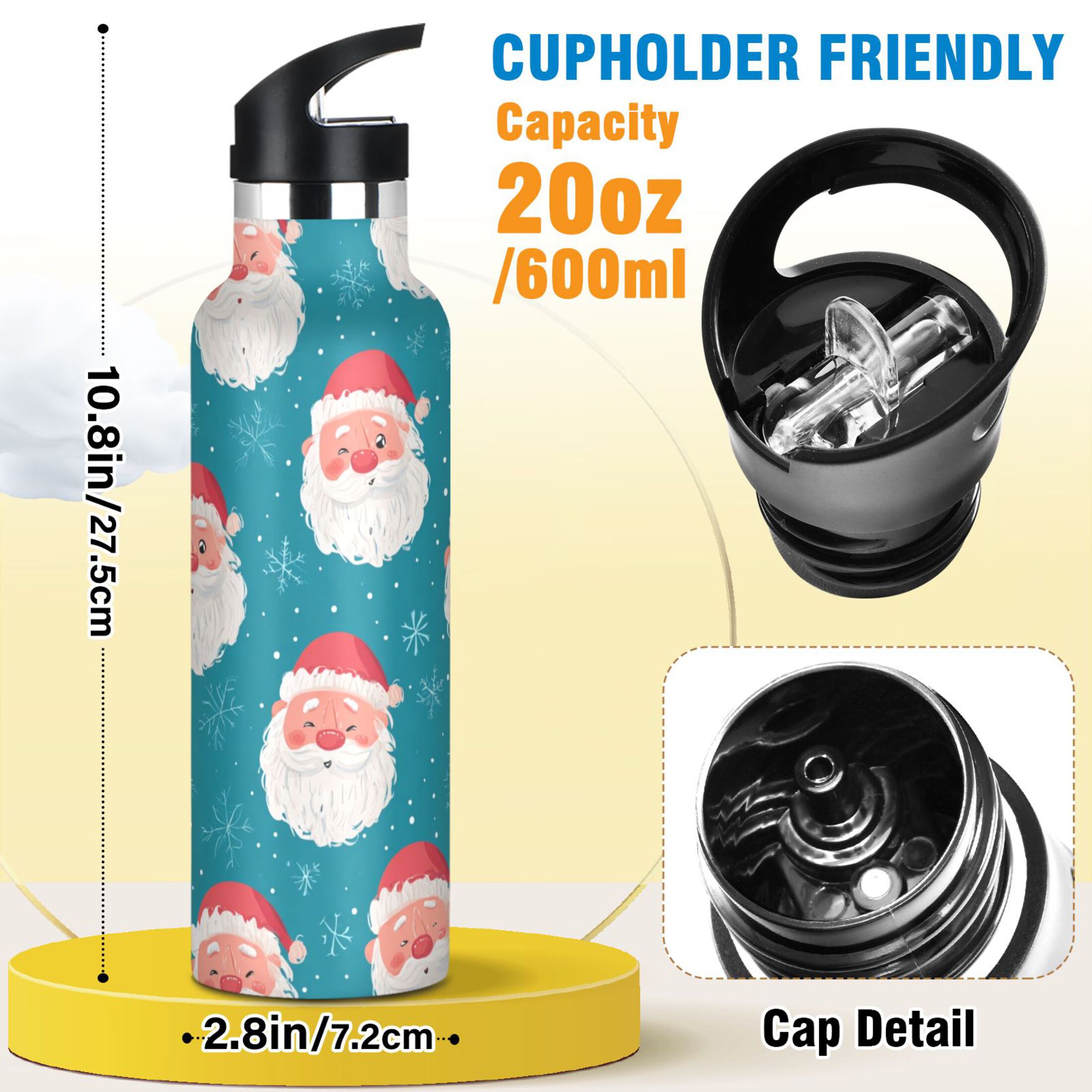 600ML Stainless Steel Insulated Cup Sports Water Bottle Portable Thermos Cup Water Glasses Insulated Tumblers Convenient and Durable Santa Claus Face