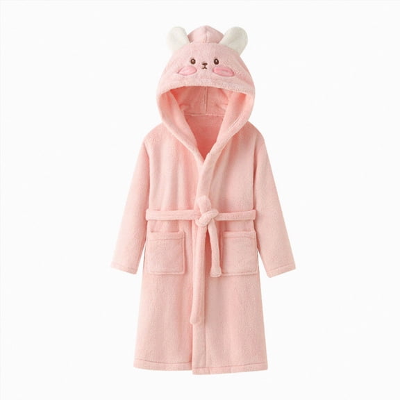 Gibobby Kids Coral Fleece Bathrobe,Soft Plush Hooded Robe with Adjustable Belt,Cartoon Print,for Boys Girls 12 Months -12 Years,Warm Loungewear Shower Robe Kids Toddler Pajamas,Pink,Size 2-4T
