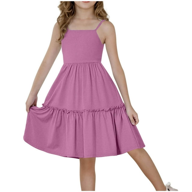 DecSea Girls Tie Back Dress Spaghetti Strap Ruffle Hem Casual Summer Beach Sundress with Pockets