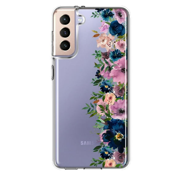 MUNDAZE Samsung Galaxy S21 Plus Shockproof Clear Hybrid Protective Phone Case Navy Blue Summer Watercolor Floral Purple Flowers Cover
