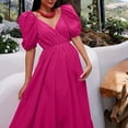 thumbnail image 4 of Wycnly Summer Dresses for Women Beach Party Fashion Puff Sleeve Loose Flowy Ruffle Swing A Line Long Dresses 2024 Short Sleeve V-Neck Solid Maxi Formal Dress Hot Pink XL, 4 of 7