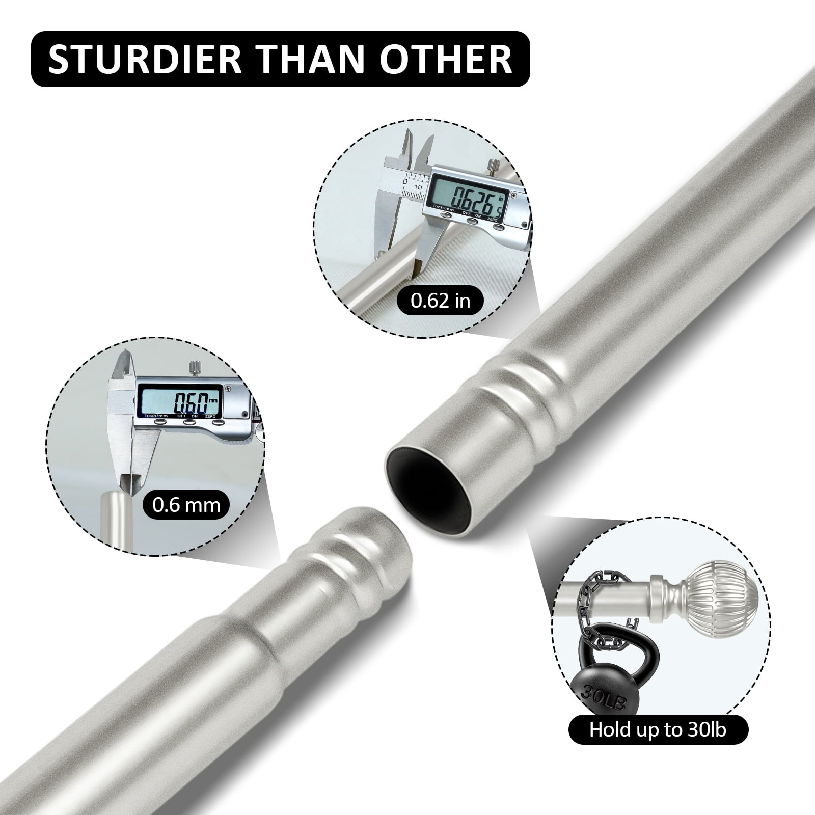 Urbanest 5/8" Single Telescoping Curtain Rod with Volle Finials, Pewter, 28"-48"