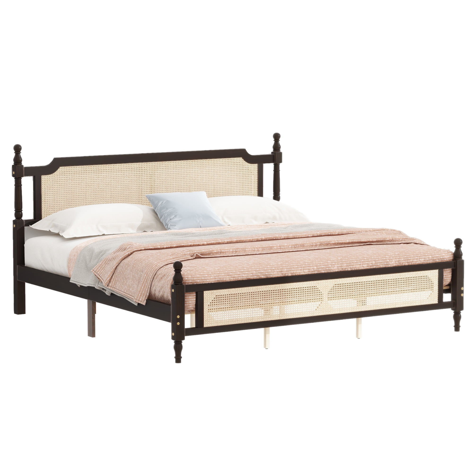 Sailvan King Pine wooden Bed with Rattan Headboard and Footboard, Central Enhanced Bed Platform