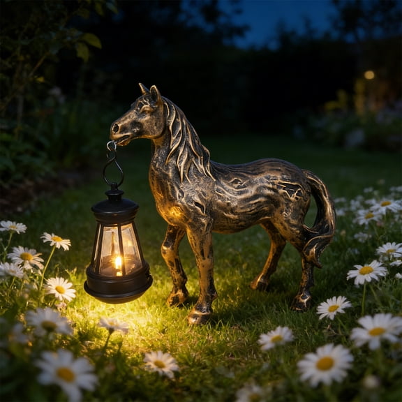 Solar-Powered Outdoor Horse Lamp Resin Garden Decorative Figurine - Rustic WoodenStyle Mini Lamp for Yard Patio Patio Yard Garden Decor Gold