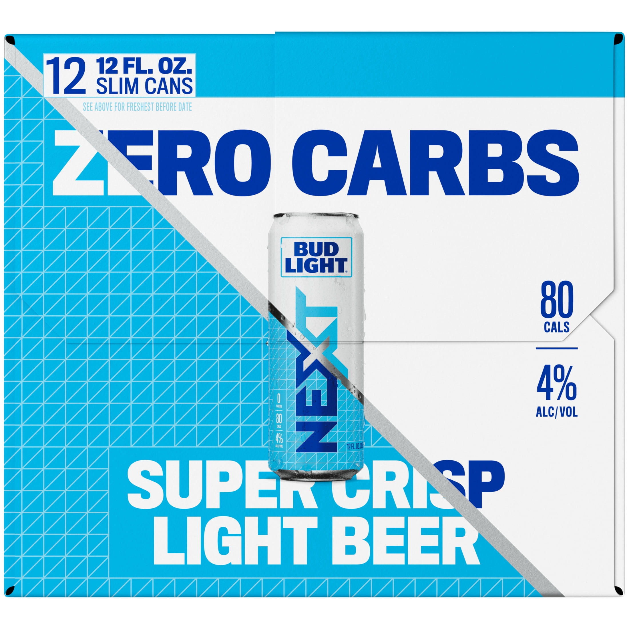 Bud Light NEXT Zero Carb American Lager Beer, 12 Pack, 12 fl oz Aluminum Cans, 4% ABV