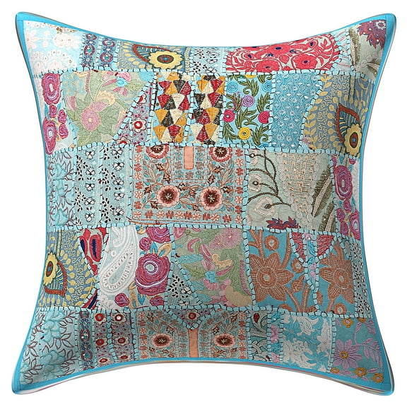 Stylo Culture Ethnic Couch Cushion Cover Vintage Patchwork Floral 24 x 24 Big Turquoise Bohemian 60cm x 60cm Home Decor Cotton Abstract Square Throw Pillow Cover | 1 Pc
