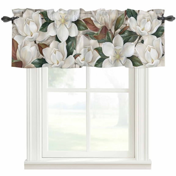 White Floral Valances for Windows Spring White Magnolia Vintage Plants Farmhouse Rod Pocket Curtain Valance Window Treatment Short Curtains for Kitchen Living Room, 60"x18"