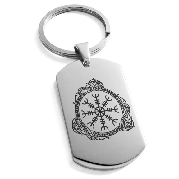 Stainless Steel Aegishjalmur Awe & Terror Helm Viking Rune Engraved Dog Tag Keychain Keyring