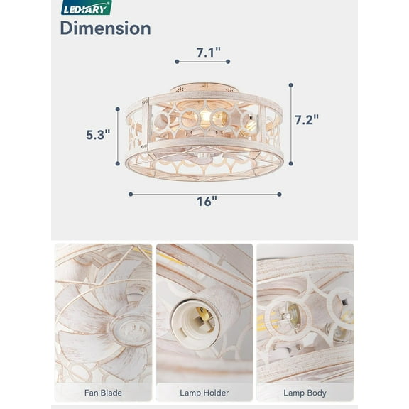 Caged Ceiling Fan with Light and Remote, 16in Low Flush Mount Fan for Bedroom Kitchen Living Room