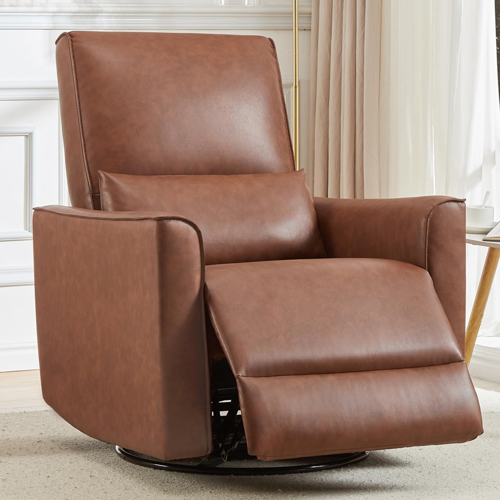 TROPOW 360° Swivel, Rocking Chair Nursery, Glider Rocker Recliner, PU Leather Sofa Chair with high Back, Deep Seat for Nursery, Living Room, Bedroom, Brown