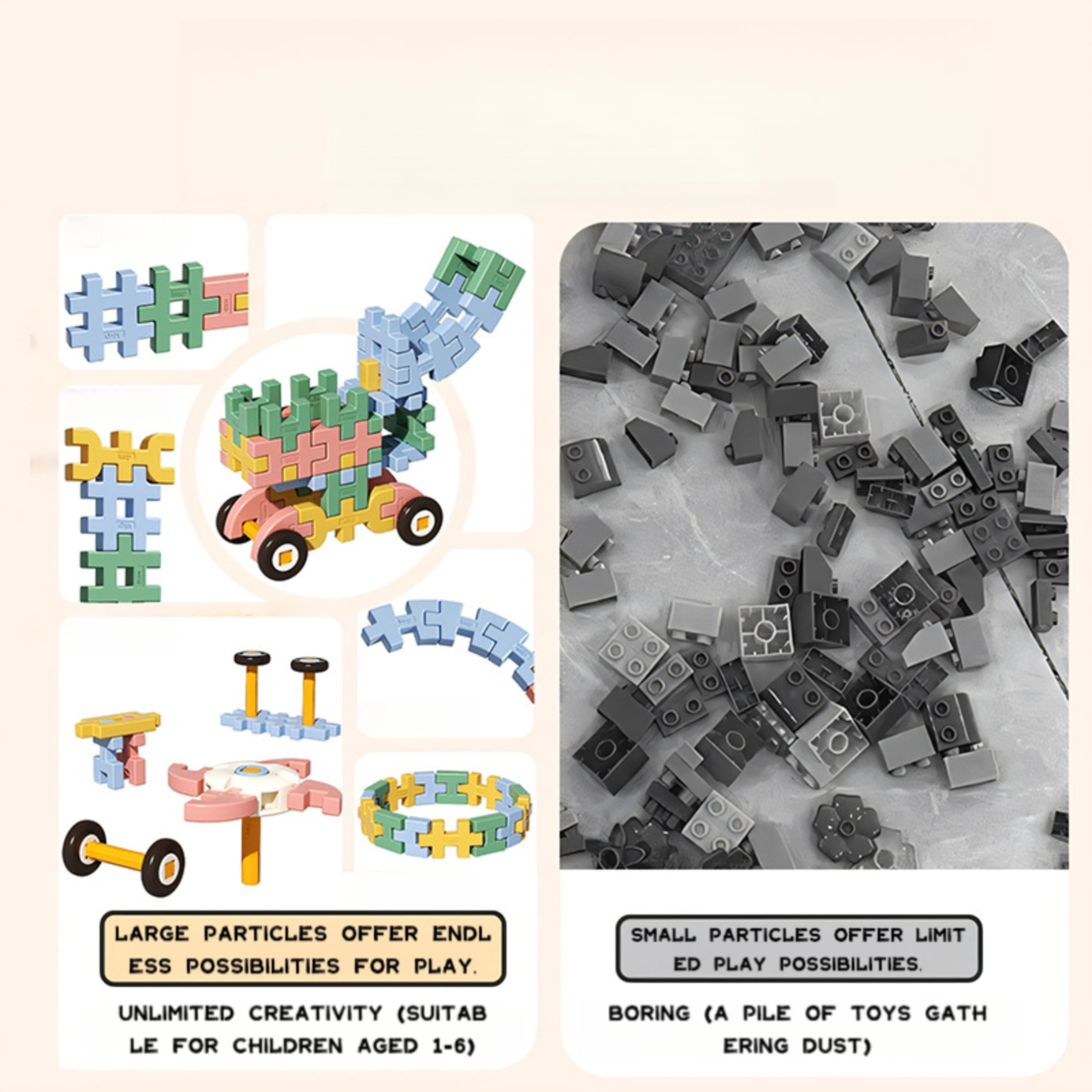 Funtogether Toys Large Interlocking Building Blocks, Soft Plastic STEM Construction Toy Set with Multi-Angle Connectors for Toddlers Kids Ages 3+, Creative Educational Building Bricks for Limitless C