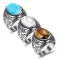 thumbnail image 2 of Xiao Hua Anillo retro de piedra natural para hombre, ónix azul, ovalado de acero inoxidable, talla 10 (1 pieza), 2 of 5