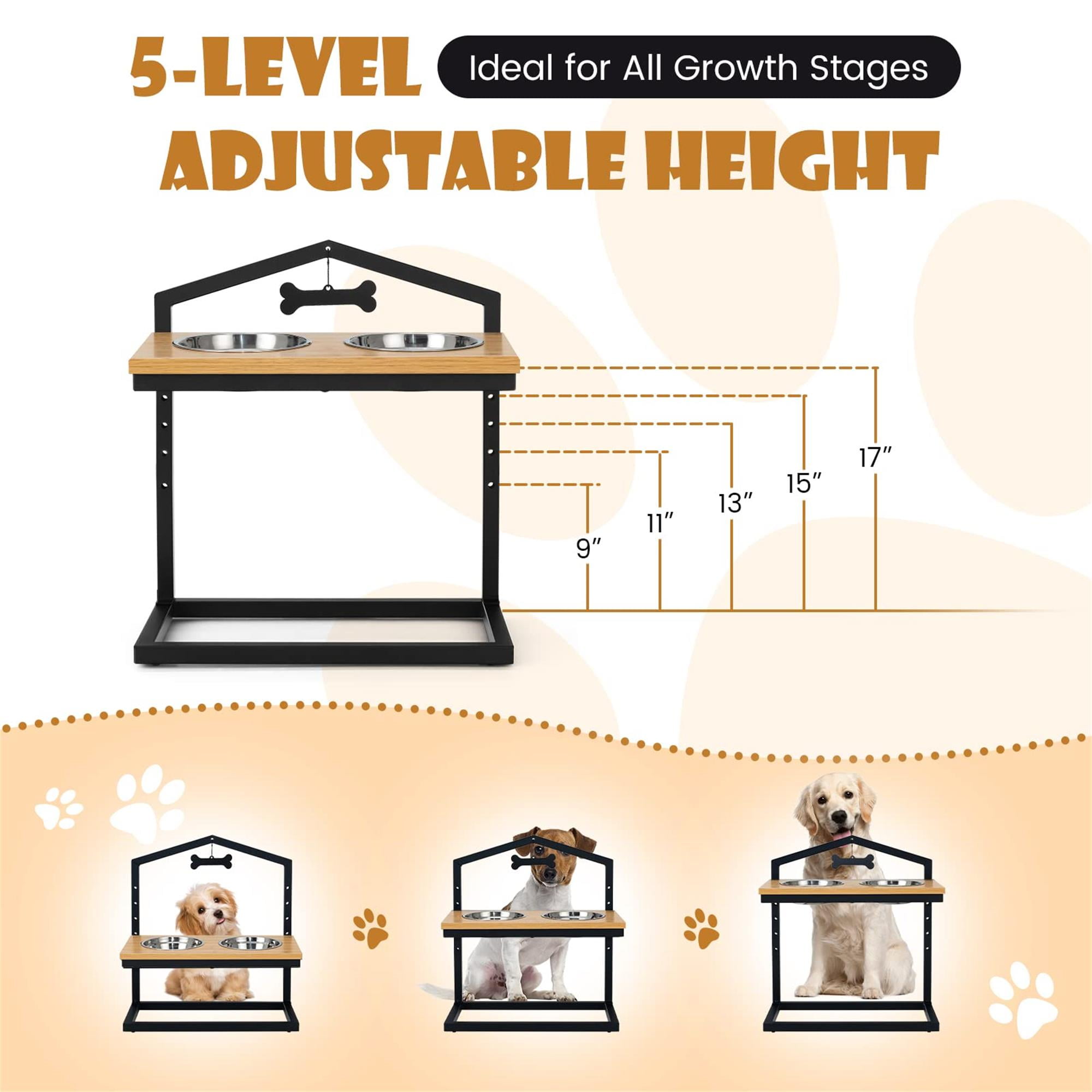 Kadyn 9"-17" Elevated Pet Feeder with 2 Stainless Steel Dog Bowl, Pet Food Bowls for Feeding Small Medium Dogs Cats Puppies, Beige