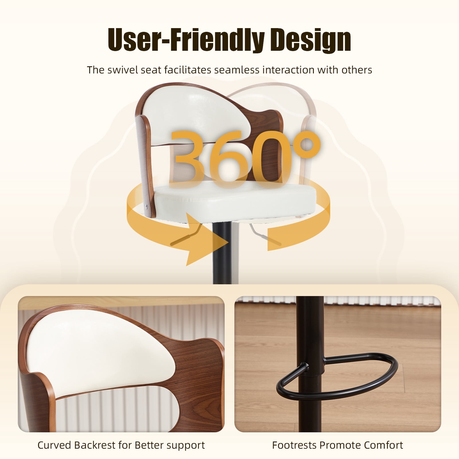 Homefun Swivel Bar Stools Set of 2,Wooden Upholstered Scratch-Resistant Fabric with Back,Chairs for Kitchen Island,White