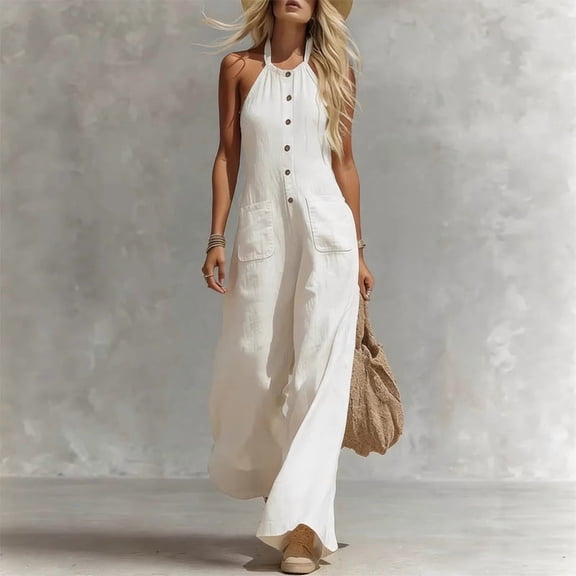 Morttic Women's Halter Backless Wide-Leg Jumpsuit with Pocket – Sleeveless Button Front Sexy Summer Vacation One Piece White,S