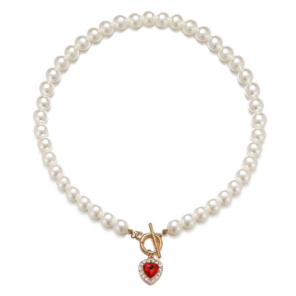 Vintage Pearl Necklace For Women Retro Red Crystal Heart Pendant Pearl Choker Necklaces Gifts Jewelry W1F0 - image 4 of 8