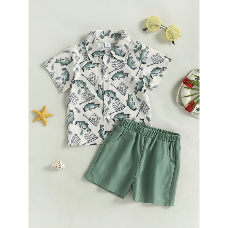 Qtinghua Toddler Baby Boy Summer Outfits Cartoon Fish Print Short Sleeve  Button Down Shirts Tops Shorts 2Pcs Clothes Green 2-3 Years