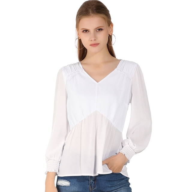 Blusa Top Cuello En V Allegra K Manga Larga Volantes para Mujeres Blanco L