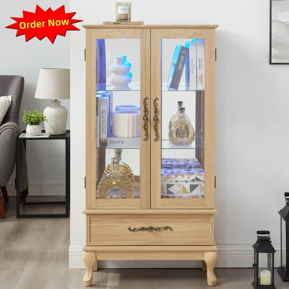Tcbosik Curio Cabinet with LED Lights, Glass Cabinet with Adjustable Shelves, Display Cabinet with Storage Drawer and 2 Doors for Living Room, Light Oak