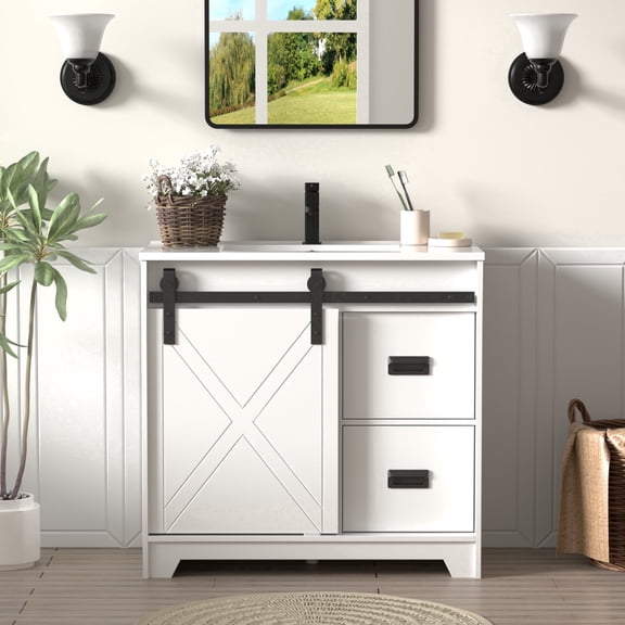 36 Inch Modern Farmhouse Bathroom Vanity Set with Sink Top, Water-resistant Paint, Sliding Barn Door, Interior Shelf