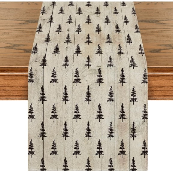 Wood Xmas Tree Christmas Table Runner, Seasonal Winter Kitchen Dining Table Decoration for Home Party Decor 13x72 Inch