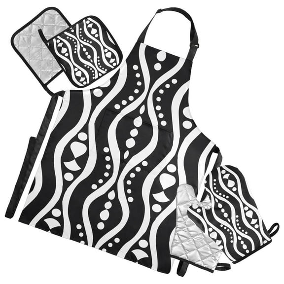 African Tribal Lines and Dots 5 Pcs Kitchen Set Heat Resistant Oven Mitts and Non-Slip Pot Holders with Adjustable Cooking Apron