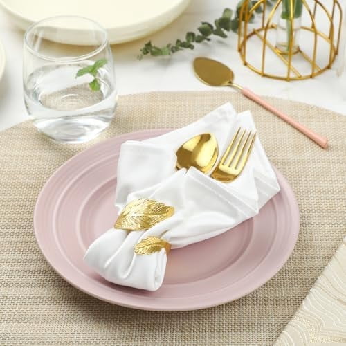 12 Pcs Napkin Rings, Shiny Gold Napkin Rings, Metal Leaf Shaped Table Decor, Stylish Fall Napkin Ring Bulk for Christmas, Easter, Wedding, Party, Elegant Table Settings Gift