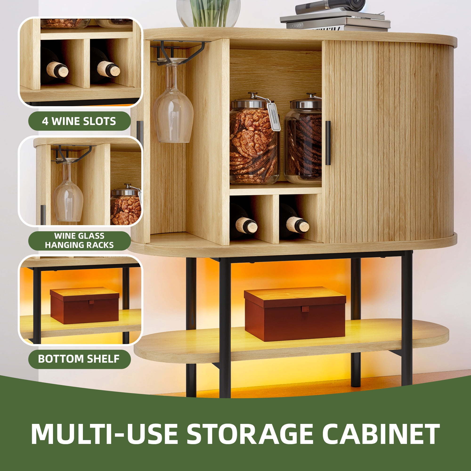 Uforic Sideboard Buffet Cabinet with 2 Sliding Tambour Doors, Modern Storage Cabinet with LED Light, Oak