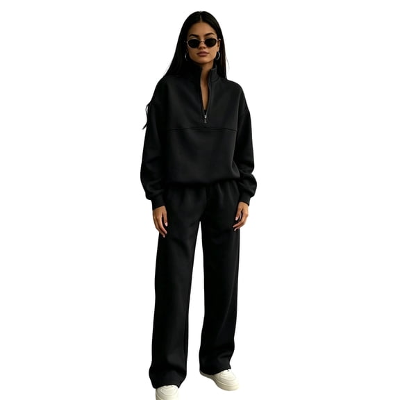 EANJE 2 Piece Women's Sweatsuit Fall Oversized Half-Zip Sweatshirt and Wide Leg Pants Loungewear Set Black M