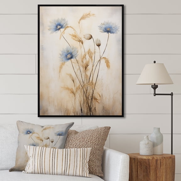 Designart "Expression Of Beige And Blue Cornflowers In Minimalism II" Cornflowers Floater Framed Wall Art Living Room