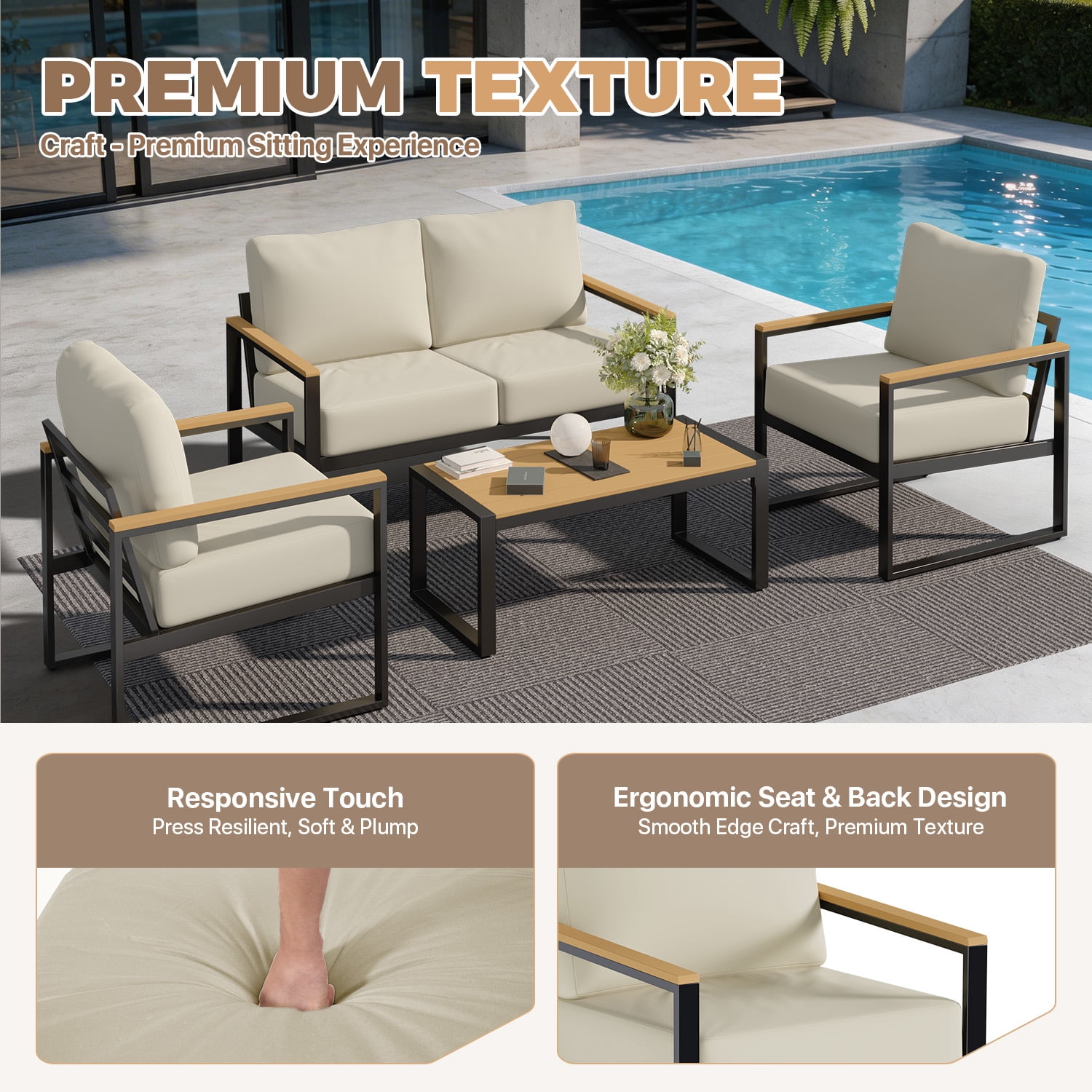 BaPiPro 4PCS Outdoor Exposed Tube Sofa Set, Beige Modern Sturdy Steel Frame & PS Composite Wood Armrest Patio Furniture Set with Coffee Table, All-Weather Removable Washable Polyester Cushions for Ba