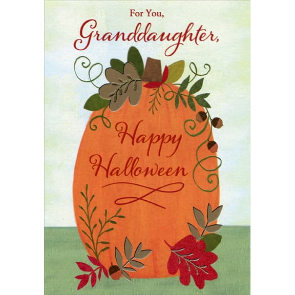 Designer Greetings Pumpkin with Gold Foil Leaves Halloween Card for Teenager : Teen Granddaughter