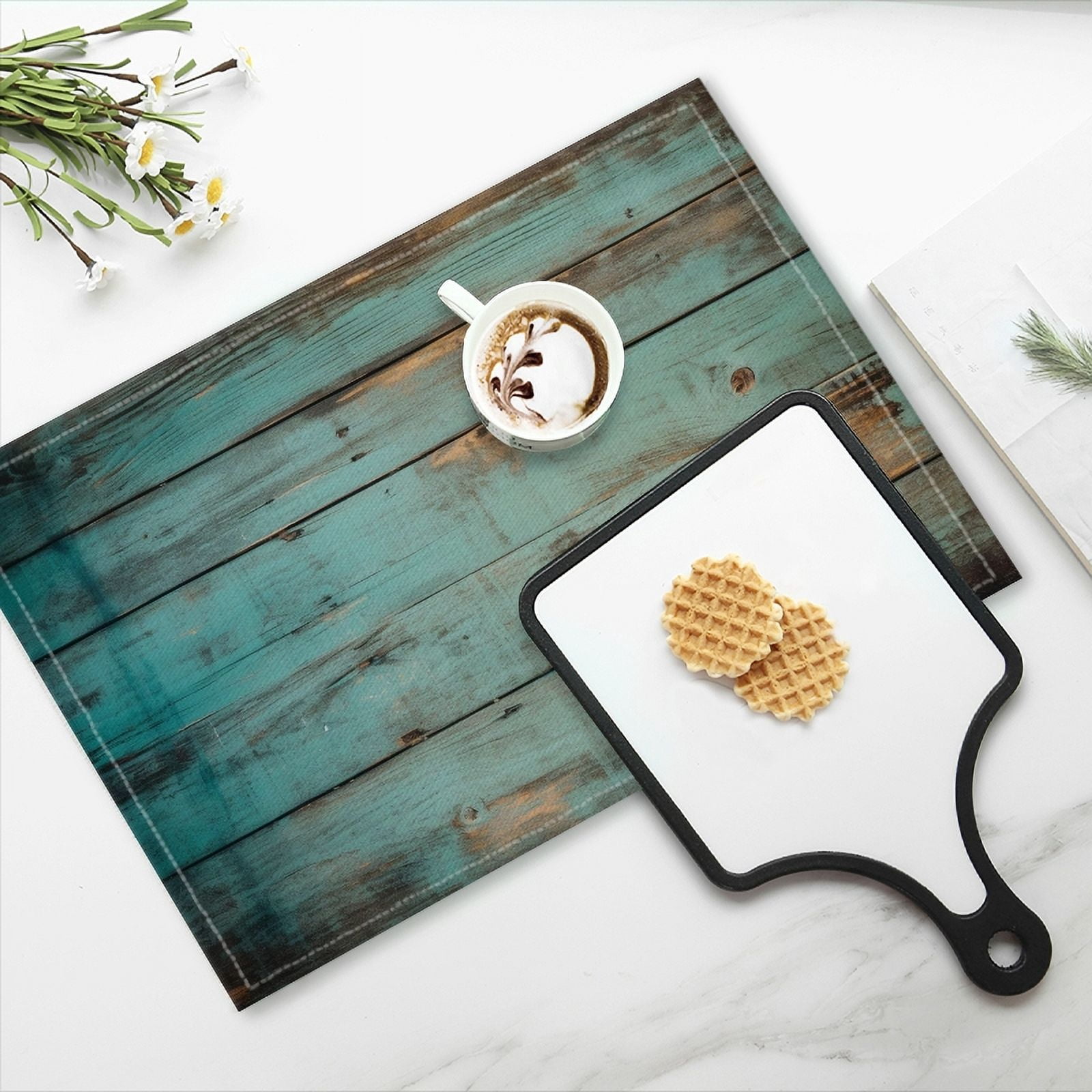 BaHomeck placemats Set of 4 rectangle Linen Cotton Placemats for Dining Table Washable Heat Resistant,18*12inch,Teal And Brown Rustic Wood