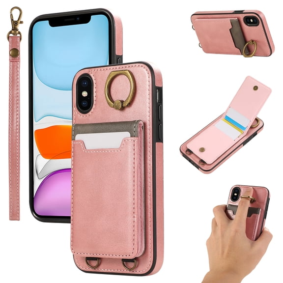 Allytechgroup Wallet Case for iPhone XS/X with Credit Card Slot, RFID Blocking PU Leather Flip Case with Lanyard & Kickstand Shockproof and Anti-Scratch Bumper for Women Girls, Pink