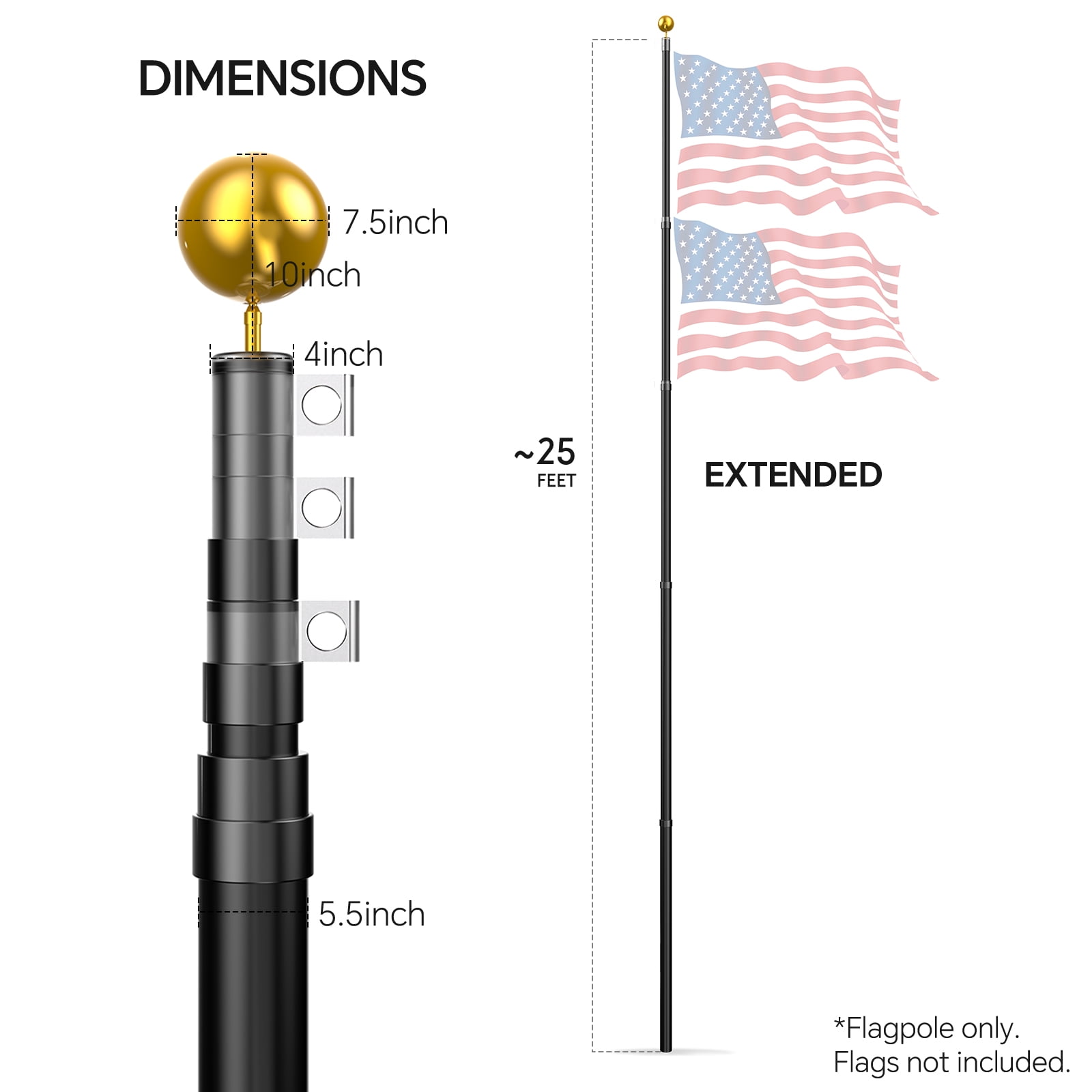 25 ft Aluminum alloy telescopic flagpole(black)