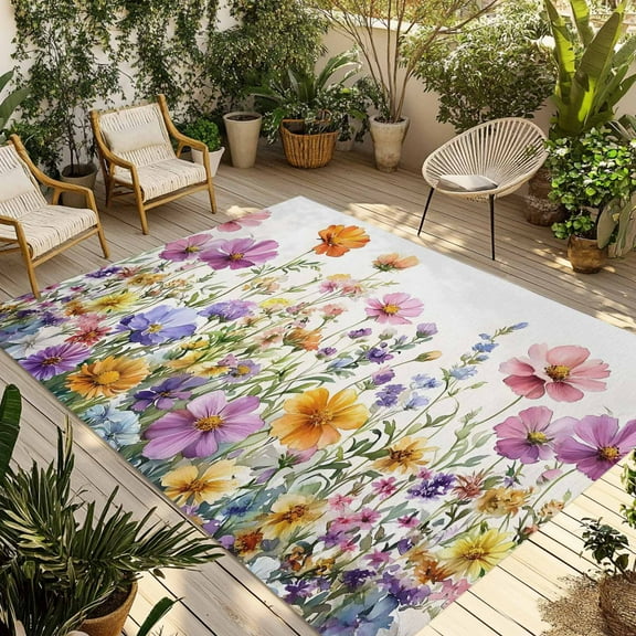 Fsddascl Pink Spring Floral Outdoor Rug for Patio/Deck/Porch, Non-Slip Large Area Rug 5 x 8 Ft, Pastoral Botanical Watercolor Flowers Indoor Outdoor Rugs Washable Area Rugs, Camping Rug Carpet