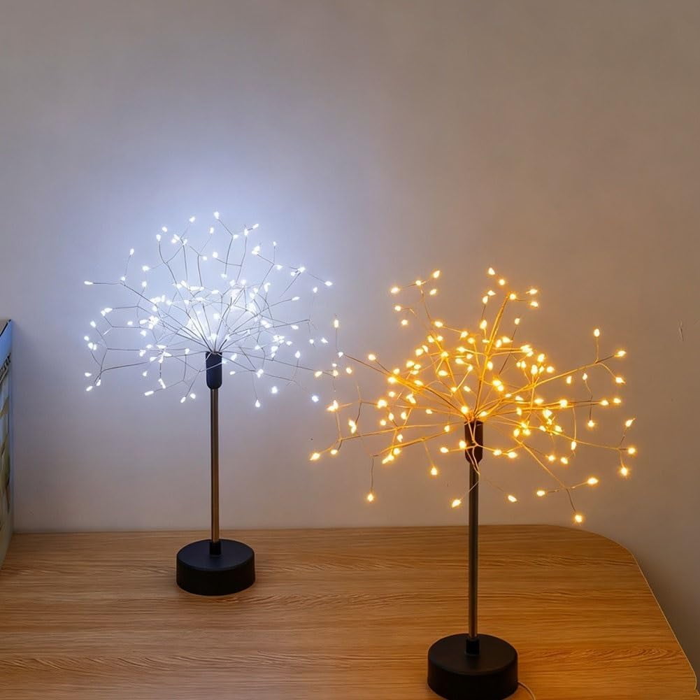 Mini Table Firework Lights, 100LED Dandelion Table Lamp with Warm Starburst Fairy Lights, Battery Operated Fireworks Table Light for Christmas Party, Bedroom, Home Décor, Holiday Table Centerpiece