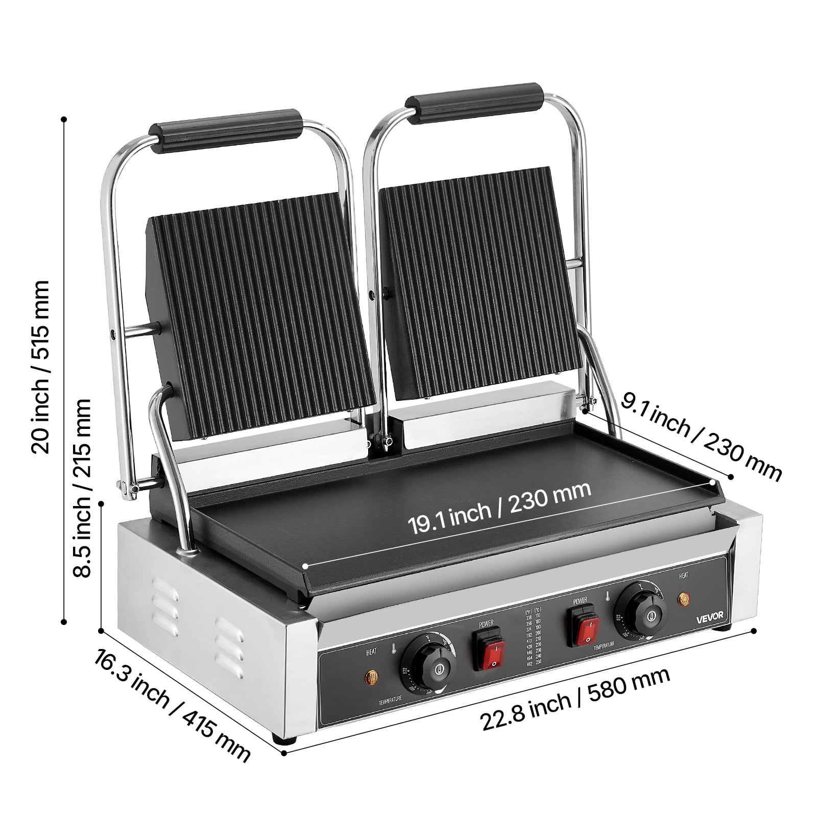 VEVOR Commercial Panini Grill, 3600W Electric Sandwich Panini Maker, Stainless Steel Double Sandwichs Press Grill with Handle and Temp Control, 19x9 in Flat Enamel Plate for Hamburger Steak Bacon