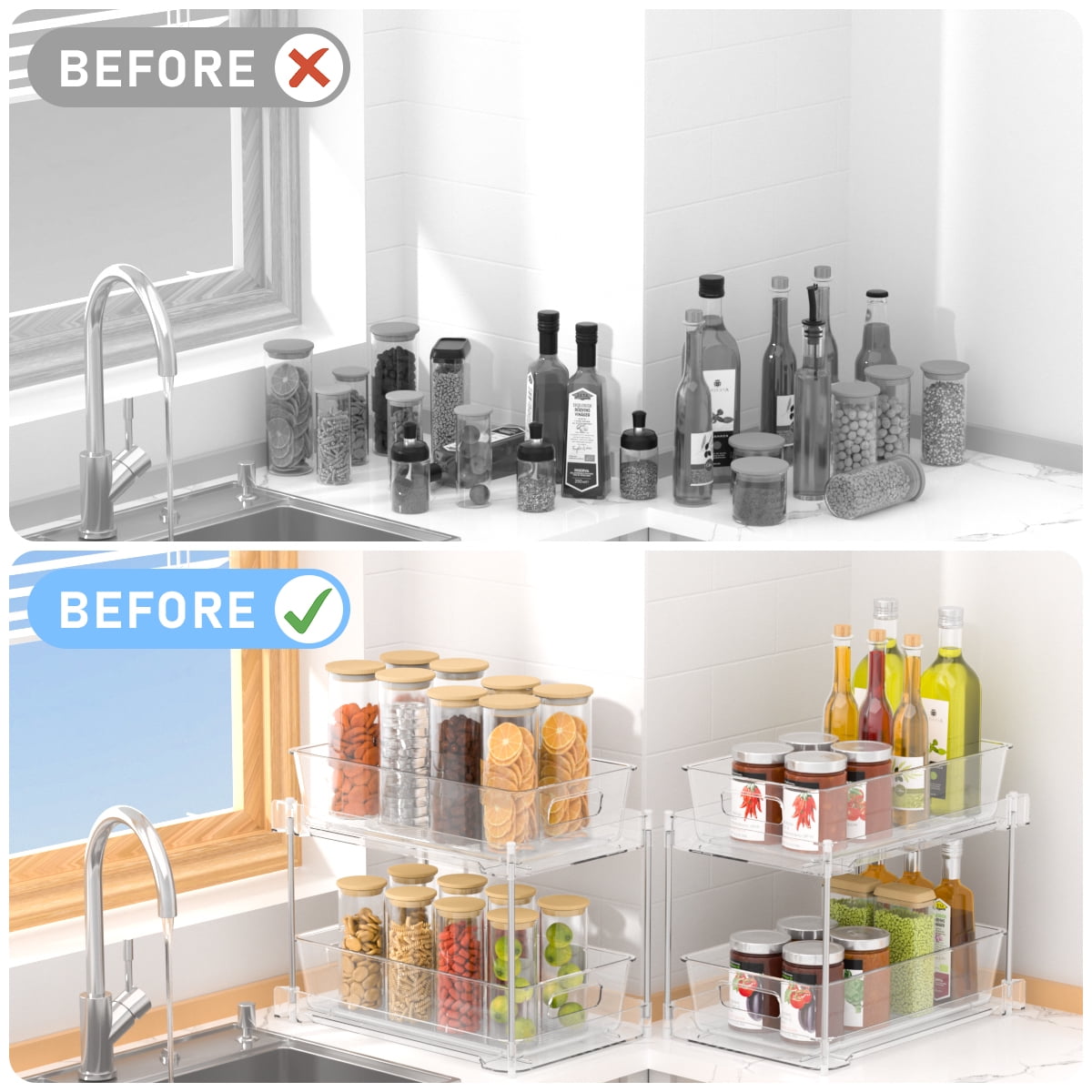 2-Tier Clear Under Sink Organizers and Storage, 2 Pack Pull-Out Cabinet Organizer,Vanity Countertop Container,Stackable Under Sink Organizer Organizers for Kitchen,Bathroom, Pantry Storage