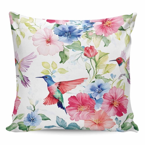 Throw Pillow Covers 18x18 Inch, Blooming Pink Floral Decorative Pillow Cases for Couch Sofa Bed, Pastoral Chic Flowers Hummingbird Cotton Linen Square Home Decor Pillowcases with Hidden Zipper