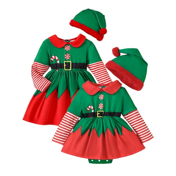 WIBACKER 0-18M Infant Baby Girls Christmas Outfits Long Sleeve Elf Romper Xmas Dresses Toddler Holiday Party Dress Up Clothes