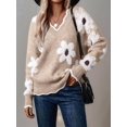 thumbnail image 5 of Sweaters for Women Spring Fall Color Block Ribbed Ruffle V Neck Loose Fit Pullover Knit Y2k Cute Sweater Tops Khaki L, 5 of 9