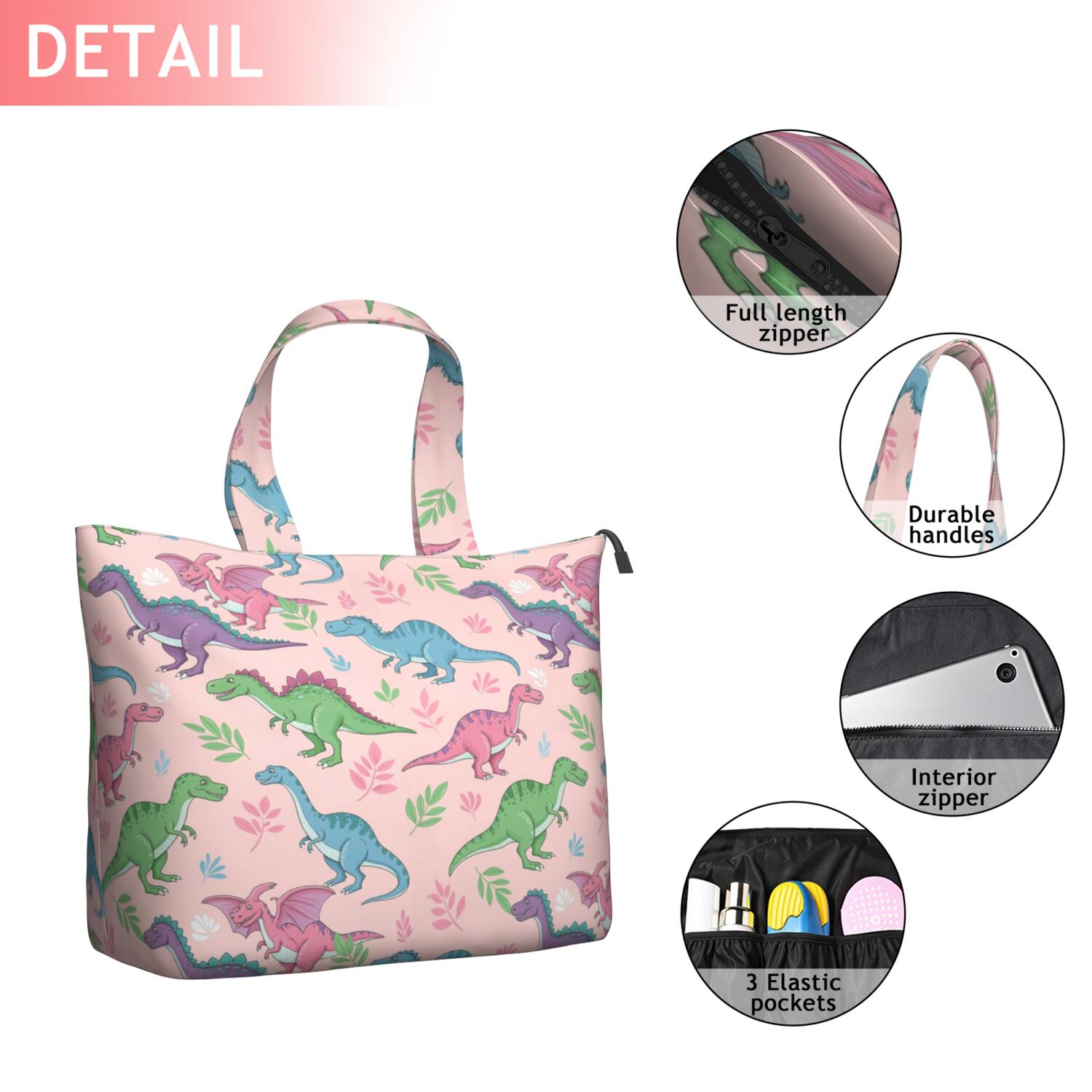 Pink Cartoon Dinosaurs Leaves Pattern Travel Tote Bags for Women Carry On,Large Weekender Bags for Women Travel,Multi Functional Duffle Bag for Work,Shopping,Sports