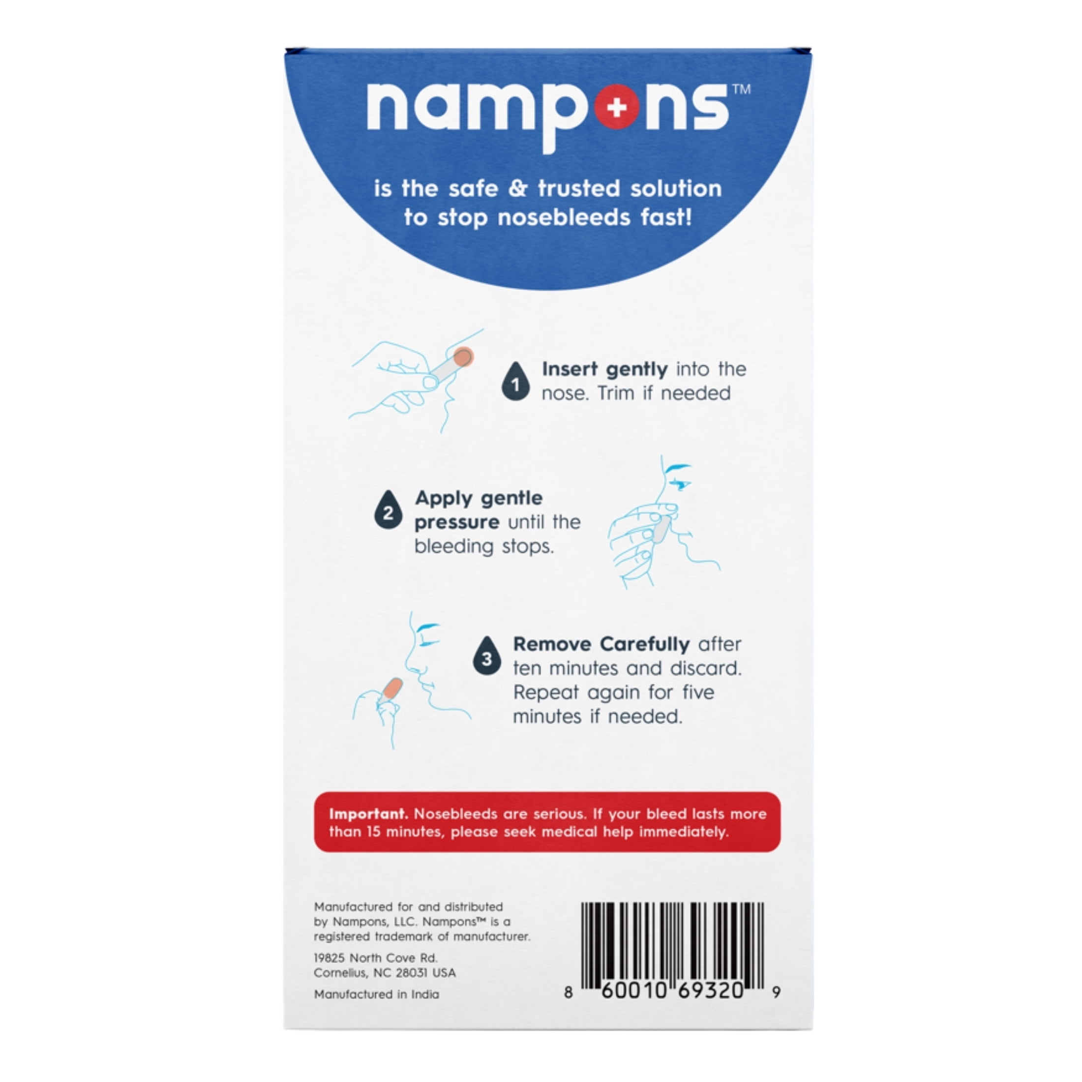 Nampons Kids Nosebleed Stoppers, Nasal Plugs with Clotting Agent, First Aid Kit, 3 Count