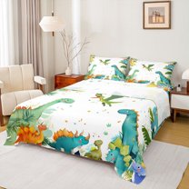 Feelyou Green Dinosaur Animal Bed Sheets, Kawaii Jungle Dino King Sheets, Palm Leaf Plant Sheet Set, Breathable Home Decor, 4pcs